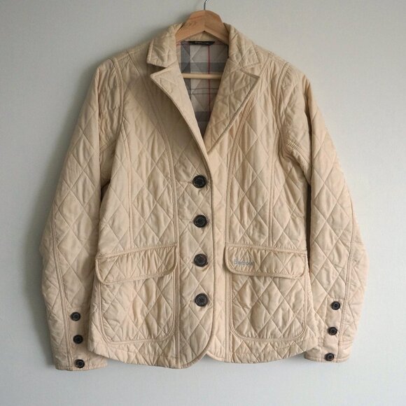 Vintage Barbour Cream Quilted Blazer with Tartan Lining Small - Picture 1 of 9